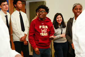 Students Luka Sikharulidze (left), Calvin Smith, Wayson Hatchett (red hoodie center), Amisha Rana, Navine Thompson (right)